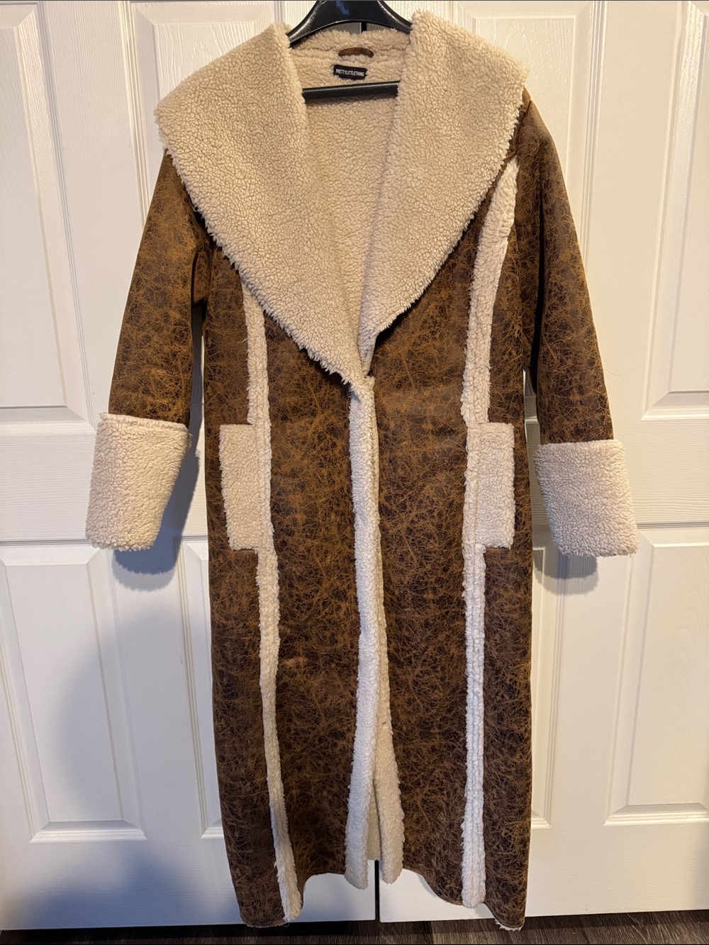PrettyLittleThing Brown Trench Coat with Cream Faux-Shearling